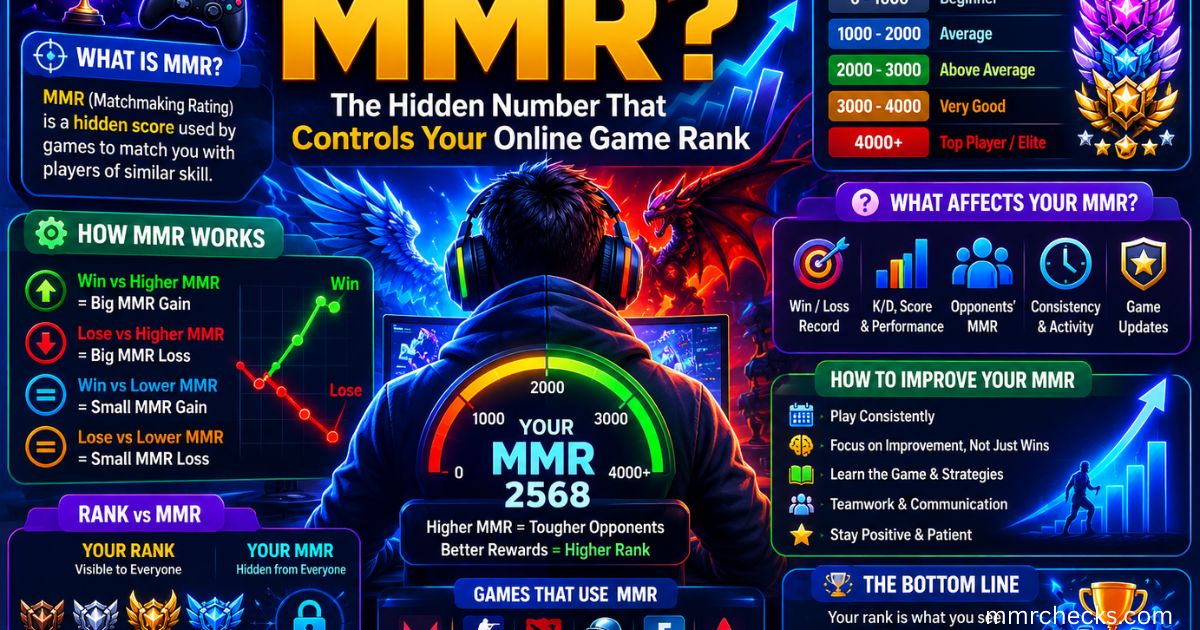**Alt Text:** "Comprehensive MMR (Matchmaking Rating) infographic explaining the hidden ranking system used in online games. The image covers what MMR is, how matchmaking works, factors that affect MMR, MMR vs rank differences, placement matches, common myths, MMR ranges in popular games such as Valorant, CS2, Dota 2, League of Legends, and Apex Legends, plus tips to improve and protect your MMR. The design features a gamer at a computer, rank icons, performance charts, and competitive gaming visuals."